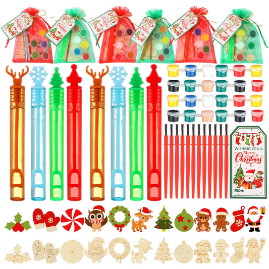 Soulchen 48 Pcs 12 Set Christmas Party Favors 12 Wooden Christmas Painting Crafts 12 Bubble Wand with Gift Label Tags and 12 Organza Bag Xmas Stocking Stuffer Shoolroom Xmas Party Favor Gift