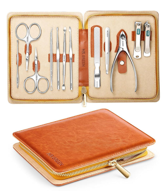 MR.GREEN 12-in-1 Manicure & Pedicure Set – Professional German Stainless Steel Nail Clippers,Cuticle Tools & Nail Care Kit, Travel Grooming Kit for Men & Women with Leather Case (Caramel Brown))