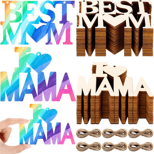 Gerrii 80 Pcs 4.7 Inch Mother's Day Unfinished Wood Crafts for Kids Painting DIY Best Mom Cutouts to Paint Hanging Wooden Letters Ornaments for Mother's Day Gifts Bulk Birthday Party Decorations