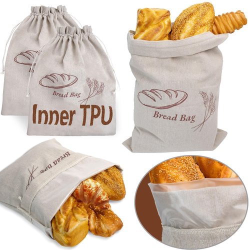 2-Piece Reusable Bread Bag Set. 13 x 17-inch linen bread bag with plastic liner keeps bread fresh and perfectly preserves baked goods.