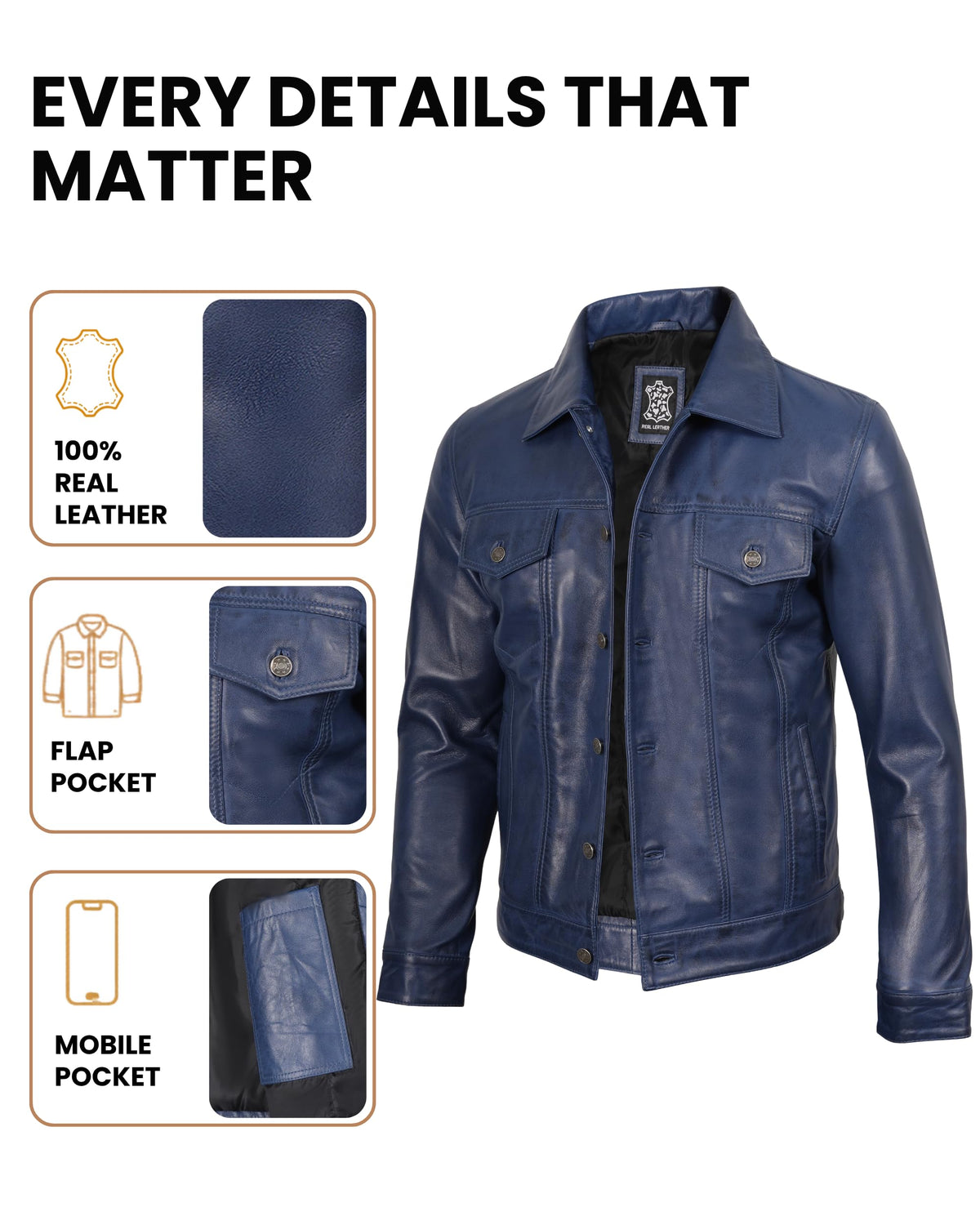 Decrum Men's Leather Jackets Shirt Vintage Collar | [1107333] Blue Frnando, M
