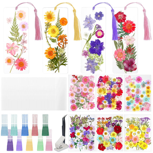 kmfosaat 344 Pcs Pressed Flower Bookmark Making Kit, 50 Laminating Pouches with 242 Dried Flowers, 50 Tassels, Tweezer and Punch, Party DIY Crafts Bookmark for Reading Women Kids