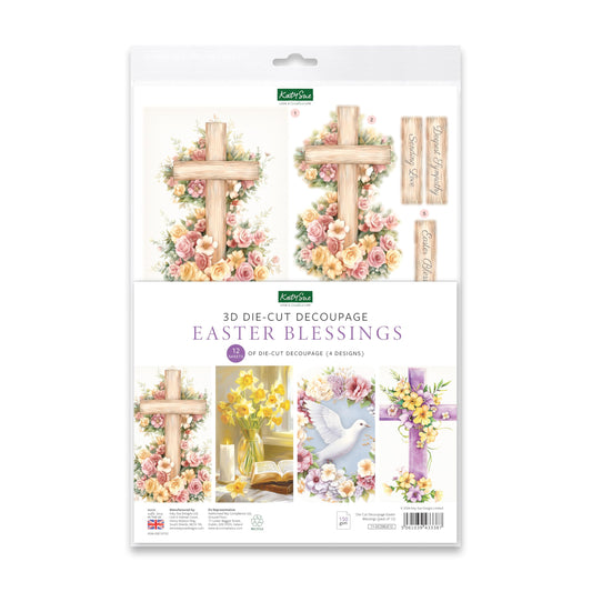 Katy Sue Easter Blessings Die-Cut Decoupage Sheets. A Pack of 12 Sheets of Die Cuts for Card Making Supplies, Craft Supplies & Scrapbooking with Crosses, Daffodils, Flowers, & Doves