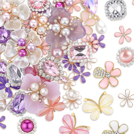 Giegxin 45 Pcs Rhinestone Embellishments Buttons for Craft Embellishments for Craft Faux Pearl Button Butterfly Flower Brooch for Wedding Decoration DIY Clothes Bag Shoe Supplies(Pink Purple Petals)