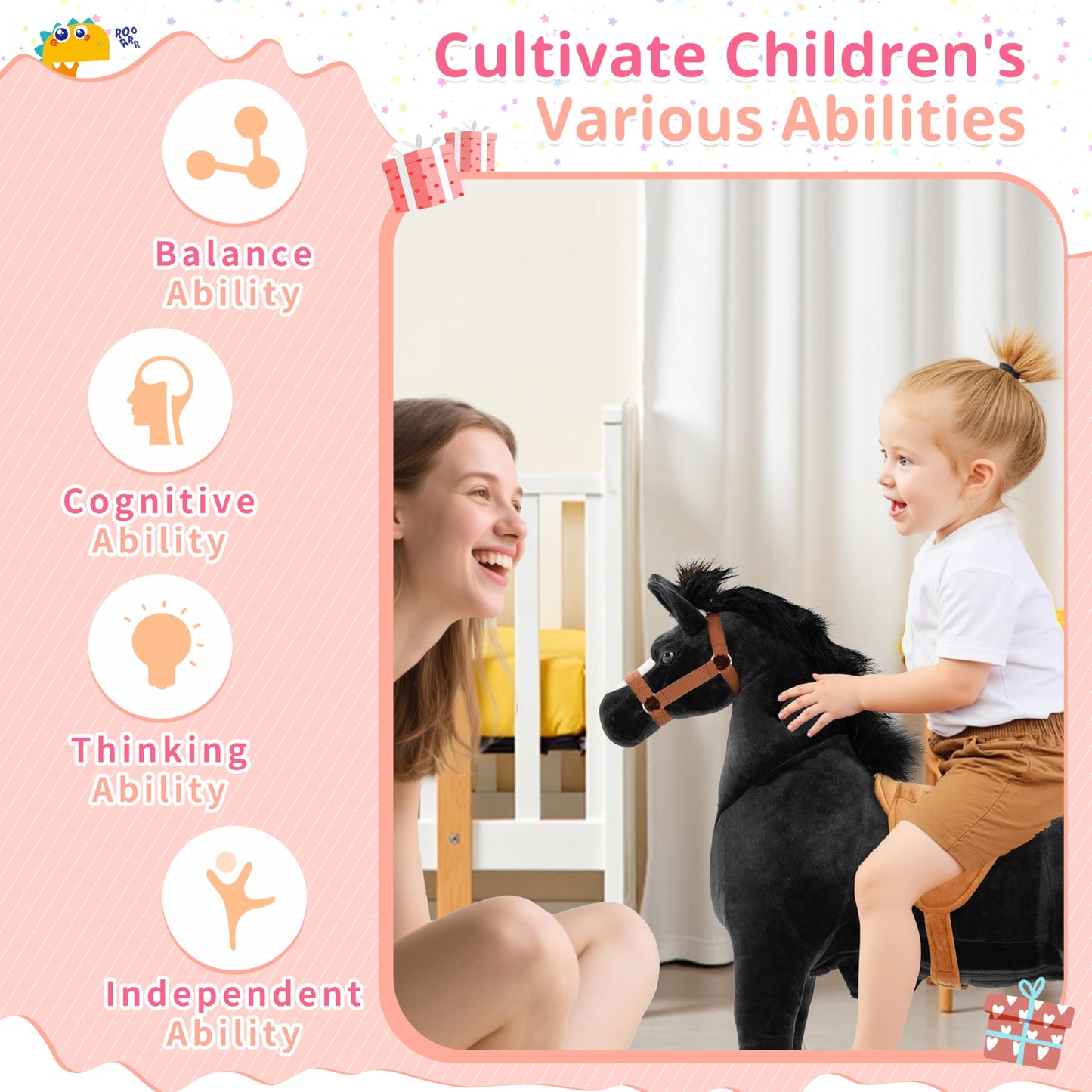 Pipleo Ride on Horse for Big Kids, Riding Horse Rider Mechanical Walking Action Plush Animal for 4 to 9 Years, No Battery or Electricity, Max Load 165 LBS Black
