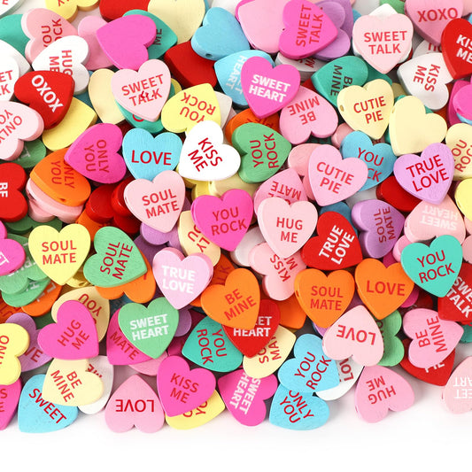 UPINS 300Pcs Conversation Heart Beads,Valentine's Day Wooden Heart Beads for Bracelets Garland Ornaments Craft Necklace Jewelry Making DIY Party Decor