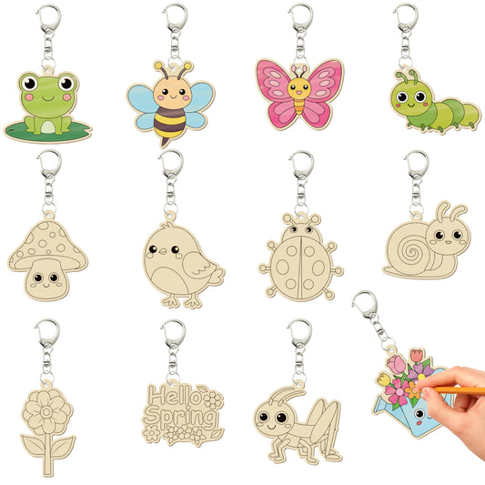 Haooryx Diy Wood Craft Kit - 24 Pcs Paint Decorate Your Own Hello Spring Cute Flower Animals DIY Wooden Art Painting Blank Keychains Wood Craft Kit Creative Activity Birthday Party Favors Goodie Bag