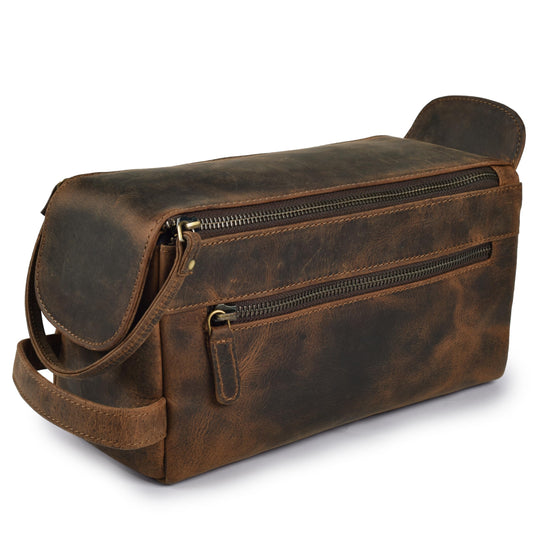 LEATHER VILLAGE Genuine Leather Travel Toiletry Bag - Water-Resistant Dopp Kit for Toiletries, Large Shaving Bag & Bathroom Organizer - Gift for Men & Women - Rustic Brown