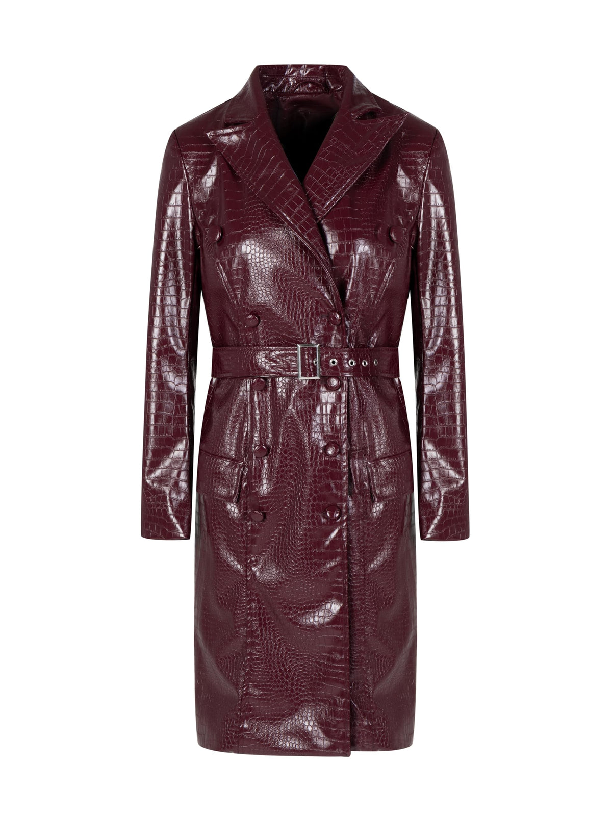 SS-Sunrise Fashion Womens Long Leather Jackets Burgundy Trench Coat Blazer Lapel Button Open Front Faux Motorcycle Jackets Coat with Belt (Large, Red)