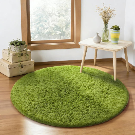 Ophanie Green Round Rug - 4Ft Plush Circle Area Rug for Kids' Room | Soft Shaggy Bedroom Decor