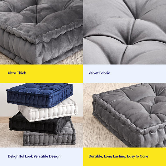 Sweet Home Collection Floor Pillow Large Square Tufted Decorative Cushion. Faux Velvet Fabric Ultra Thick Fill for Kids and Adults, Gray (Pack of 1)