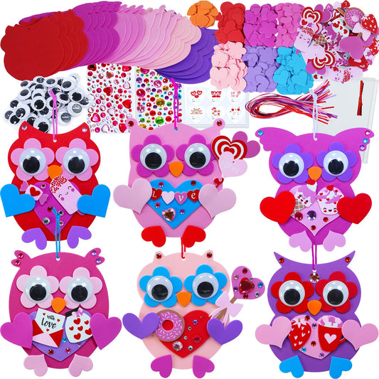 Winlyn 24 Sets Valentine's Day Craft Kits Heart Crafts DIY Owl Ornaments Decorations Art Sets Foam Owl Heart Stickers for Kids Party Classroom Activities Gift Exchange