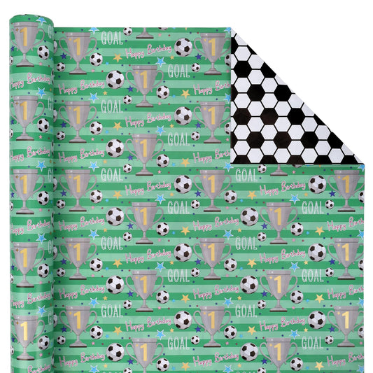 BIOBROWN Reversible Soccer Wrapping Paper for Kids Boys - 17 Inch X 33 Ft - Goal & Trophies Design Sports Gift Wrap Paper for Teens Birthday Party Holiday Soccer Fans