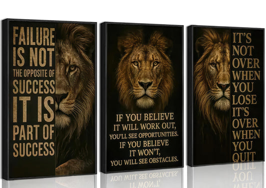 3Pcs Inspirational Lion Office Canvas Wall Art Inspiring Motivational Quotes Animal Painting Picture Wall Decor Poster Print Artwork for Bedroom Man Cave Study Home Decoration