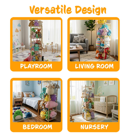 54-Inch Tall Stuffed Animal Storage Organizer - Premium Wooden Plush Toy Holder Zoo, Large Toy Storage Tower with Elastic Rope & Side Storage Bag for Kids Room, Nursery, Playroom, Corner (Sprinoak)