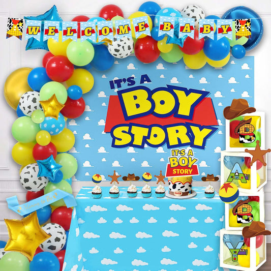 135 PCs Cartoon Toy Baby Shower Decorations, Homond Toy Themed It’s A Boy Story Decorations Backdrop Balloon Garland Arch Banner Box Cutout Tablecloth Cake Cupcake Topper Sash Blue
