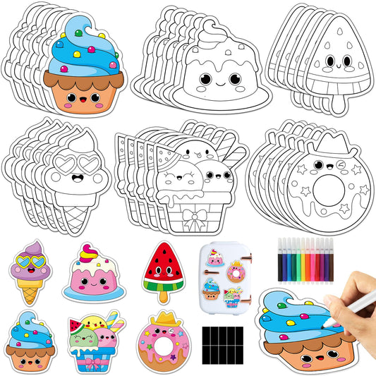 Lonfliness 30 Sets Dessert Arts Crafts Coloring Magnets Kits for Fridge Color Your Own Ice Cream Donut Cupcake DIY Magnetic Sweet Treat Crafts for Party Decorations Classroom Home Activities Games