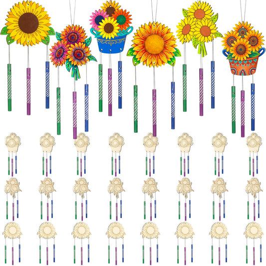 Leinuosen 30 Pcs Wind Chime Kit Sunflower Wooden Wind Chimes Decorative Sunflower Windchimes Hanging Dragonfly DIY Crafts for Indoor Outdoor Garden Home Patio Party Crafts Decorations