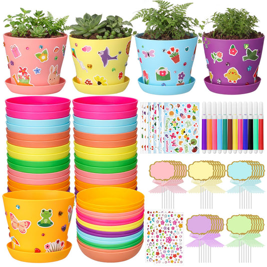 Funnymoom 48 Pcs Garden Plastic Paintable Flower Pot Craft Kit DIY Painting Flower Pots with Watercolor Stickers Pipe Cleaners Growing Kits for Home Summer Mother's Day Fun Activity (Clean)