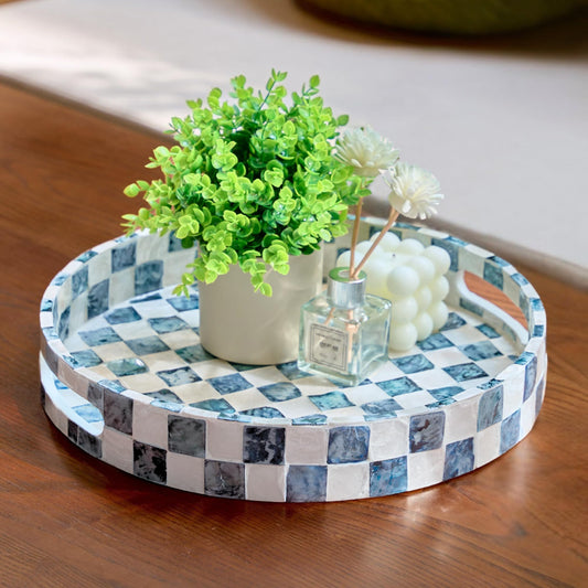 Chi An Home 12.6 Inch Round Capiz Shell Decorative Tray with Handles, Serving Tray for Coffee Table & Ottoman, Coffee Table Trays for Living Room, Kitchen, Bathroom (Navy Blue)