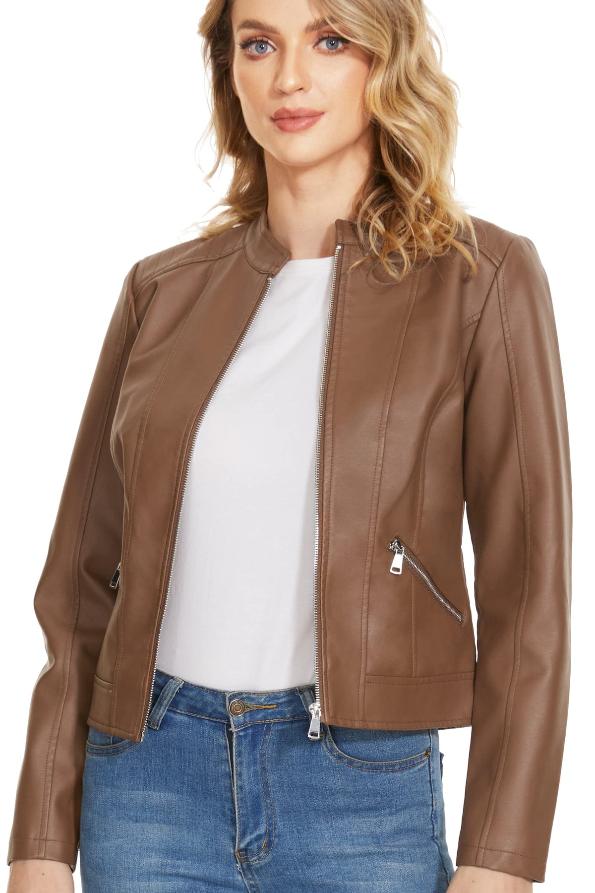 Fahsyee Women's Faux Leather Jackets, Camel Crop Petite Zip Up Motorcycle Short PU Moto Biker Outwear Stand Collar Fitted Slim Coat, Size S