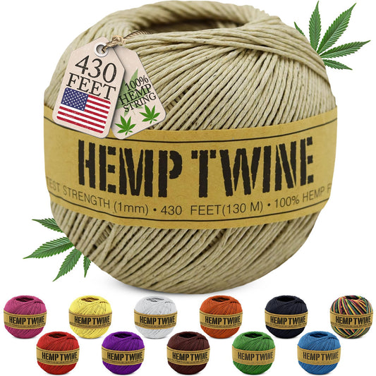 Hemp Twine for Gardening - Twine for Crafts - Organic Natural Hemp String for Jewelry Making - Strong Durable Cord for Decoration, Macrame + Cooking - 1MM 100G/430 Ft. - 20 lb. Test Strength - Natural