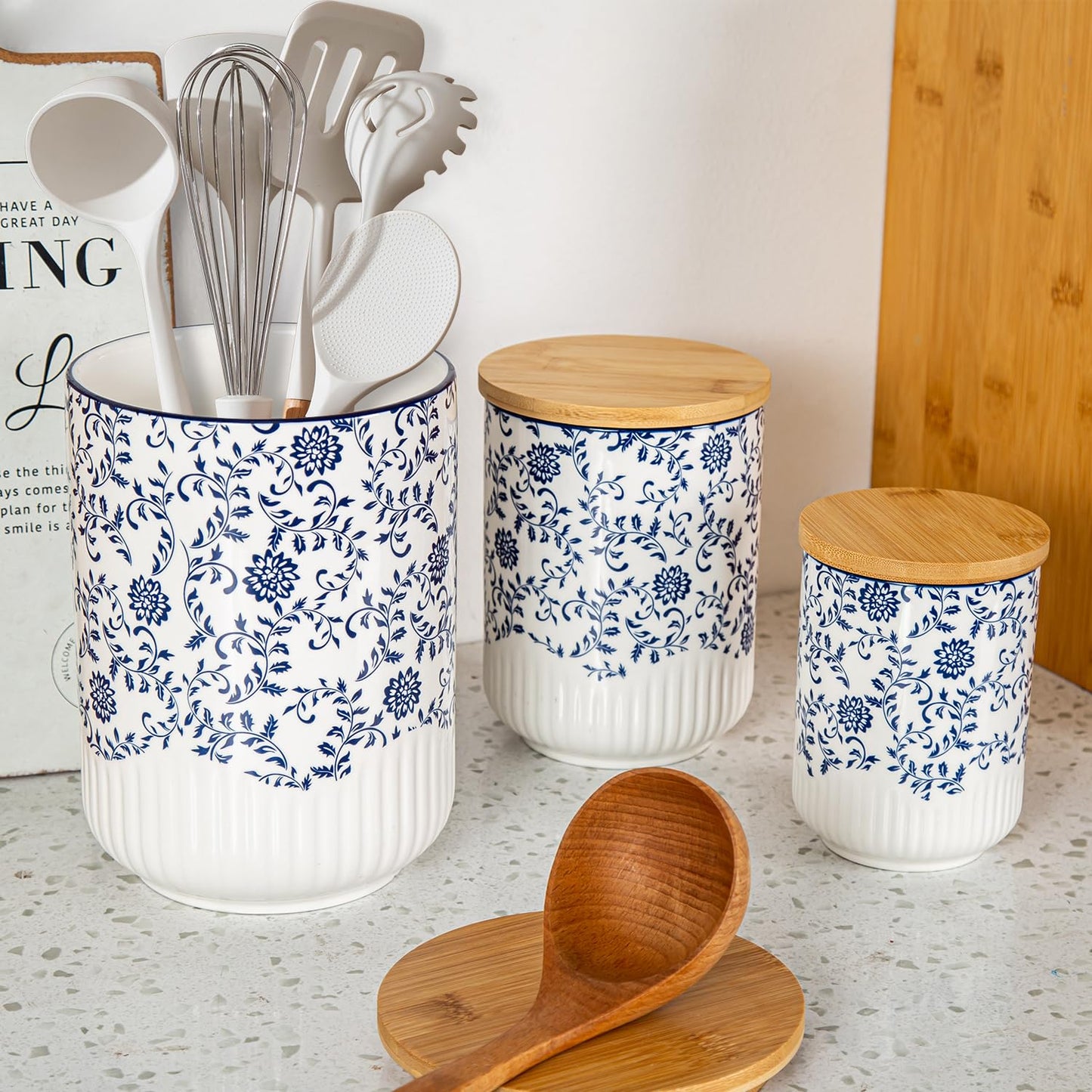 Cerkik Canisters Sets for Kitchen - Ceramic Kitchen Containers for Countertop with Airtight Wood Lids - Flour and Sugar Containers for Coffee Tea Spice Beans Cookie Jars - Blue Set of 3