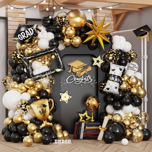135Pcs Black Gold White Graduation Balloon Garland Arch Kit,with Explosion Star,Diploma,Trophy,Grad Hat,Photo Frame Foil Balloons for Congrats Class of 2026 Graduates Celebrations Party Decoration
