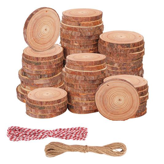 Geytetqi 76 PCS Small Wood Slices with Hole for Crafts, 3.5 Inch - 4 Inch Mini Wood Slices for Christmas Ornaments Rustic Wedding Decoration DIY Crafts, and More(Include 2 Rope)