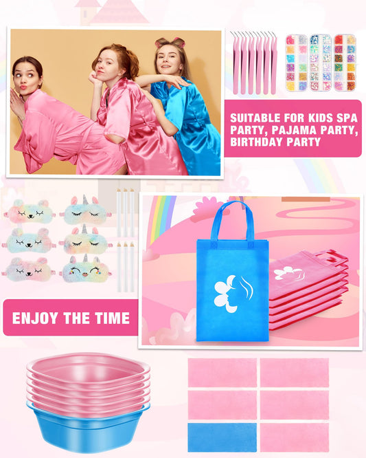 Suhine 6 Set Spa Party Supplies for Girls Kids 6 Satin Robes Spa Kit Sleepover Birthday Slumber Party Favors Nail Salon Pack(Peacock Blue, Pink)