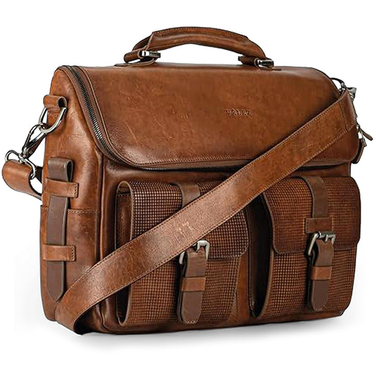 VELEZ Tan Full Grain Leather Messenger Bag for Men - 15" Laptop Briefcase - Mens Vintage Business Crossbody Computer Bags