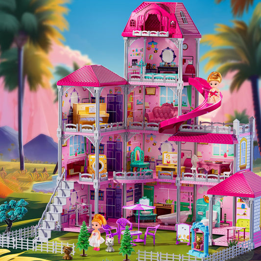 JUKUDAHU Villa Playset for Girls Ages 3-7, 4-Storey House with 10 Rooms, 2 Dolls, Furniture and Accessories, Indoor Playset Girls Toys for Ages 6-8, Pretend Toddler Toys, Birthday Gifts for Kids 4-8