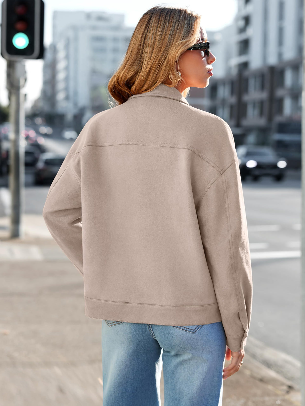 Womens Faux Suede Jacket Button Down Lightweight Fall Coats Beige L