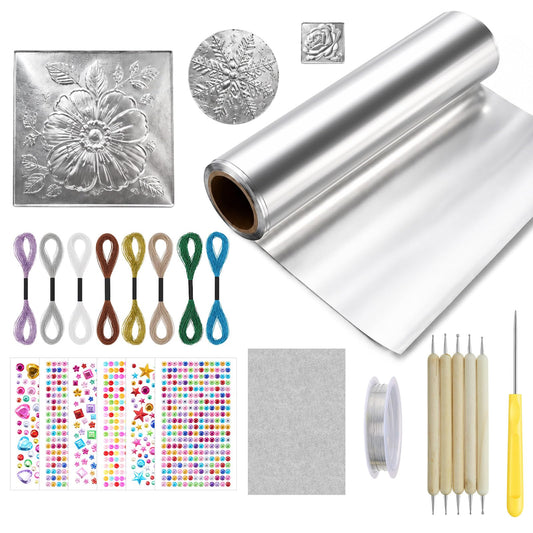 Yaocom Metal Embossing Kit, 1 Roll of 20ft Aluminum Embossing Foil, Decorative Art Craft Metal Foil Sheet Tools, Silver Shimmer Crafting Accessory, Creative Artwork Making Kit, Handcraft Supplies