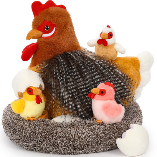 BENINY 8Pcs Chicken Stuffed Animal, Stuffed Hen with Little Baby Chicks and Coop, Rooster Plush Gifts Toys for Kids, Hit of Christmas Farm Party