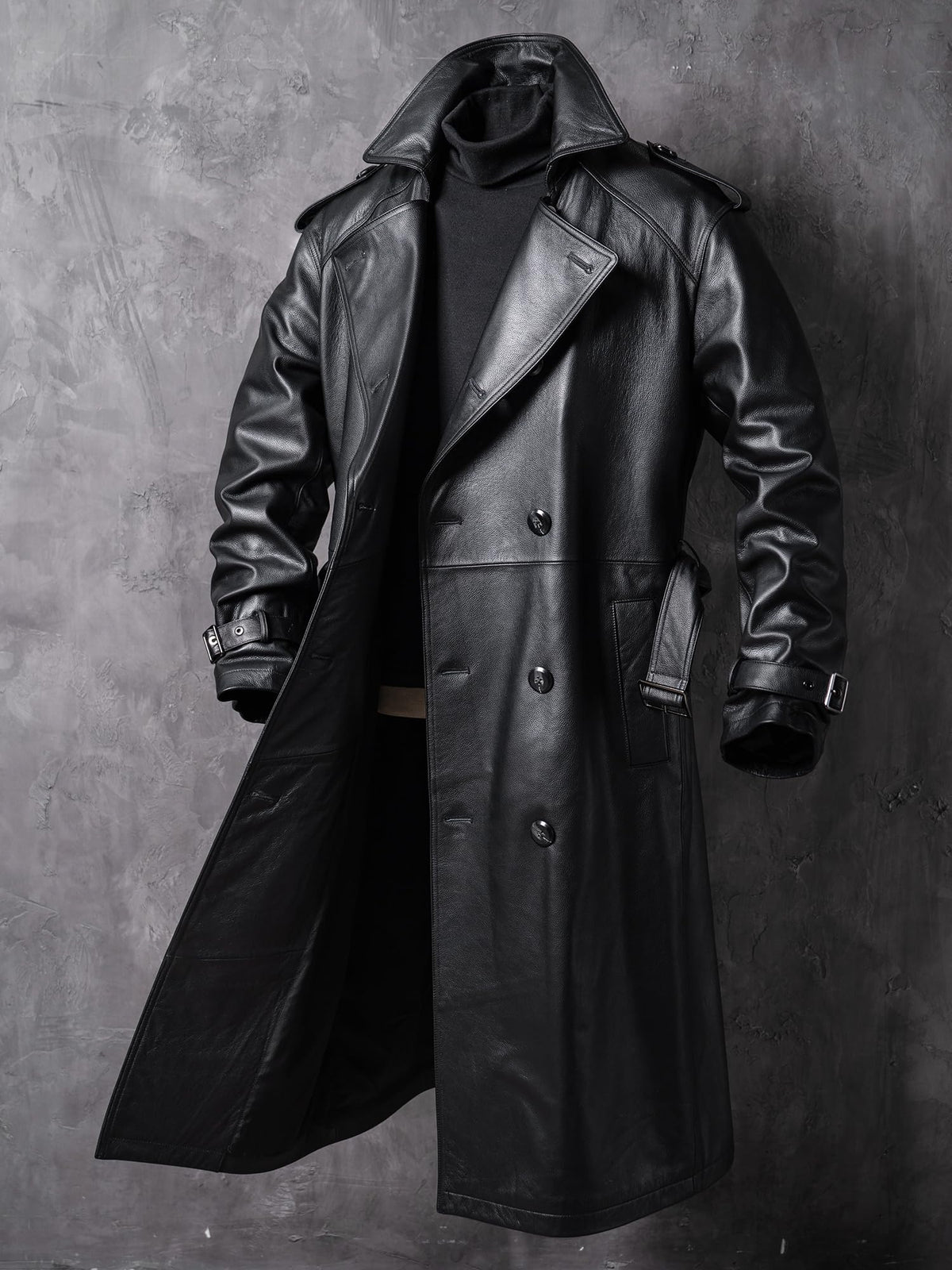 WPKDS Men's Genuine Leather Trench Coat, Mid-Length Double Breasted with Belt, Leather Overcoat Jacket (US, Alpha, XX-Large, Regular, Regular, Black)