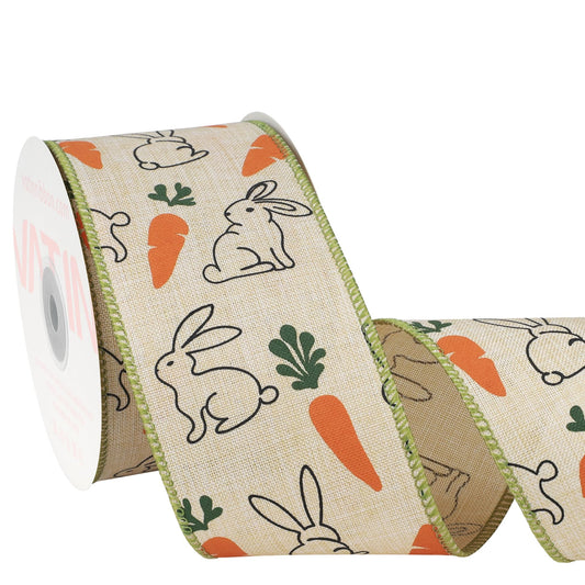 VATIN Easter Wired Ribbon with Rabbits and Carrots, 2-1/2-Inch x 10 Yards, Burlap Ribbon, Colorful DIY Craft Fabric Ribbons for Holiday Decor, for Gift Wrapping, Bows Making, Wreath Supplies