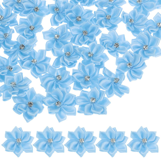 M METERXITY 200-Pack Satin Ribbon Flowers, 1.2 Inch Mini Fabric Flowers with Rhinestones Flower Ribbon Appliques for Crafts DIY/Wedding/Ornament/Party/Home [Blue]