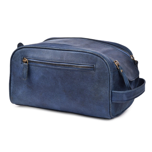 LEATHER VILLAGE Genuine Leather Toiletry Travel Bag With Waterproof Lining - Blue | King-Size Handcrafted Vintage Dopp Kit Bag, Shaving & Bathroom Organizer, Gift for Men & Women