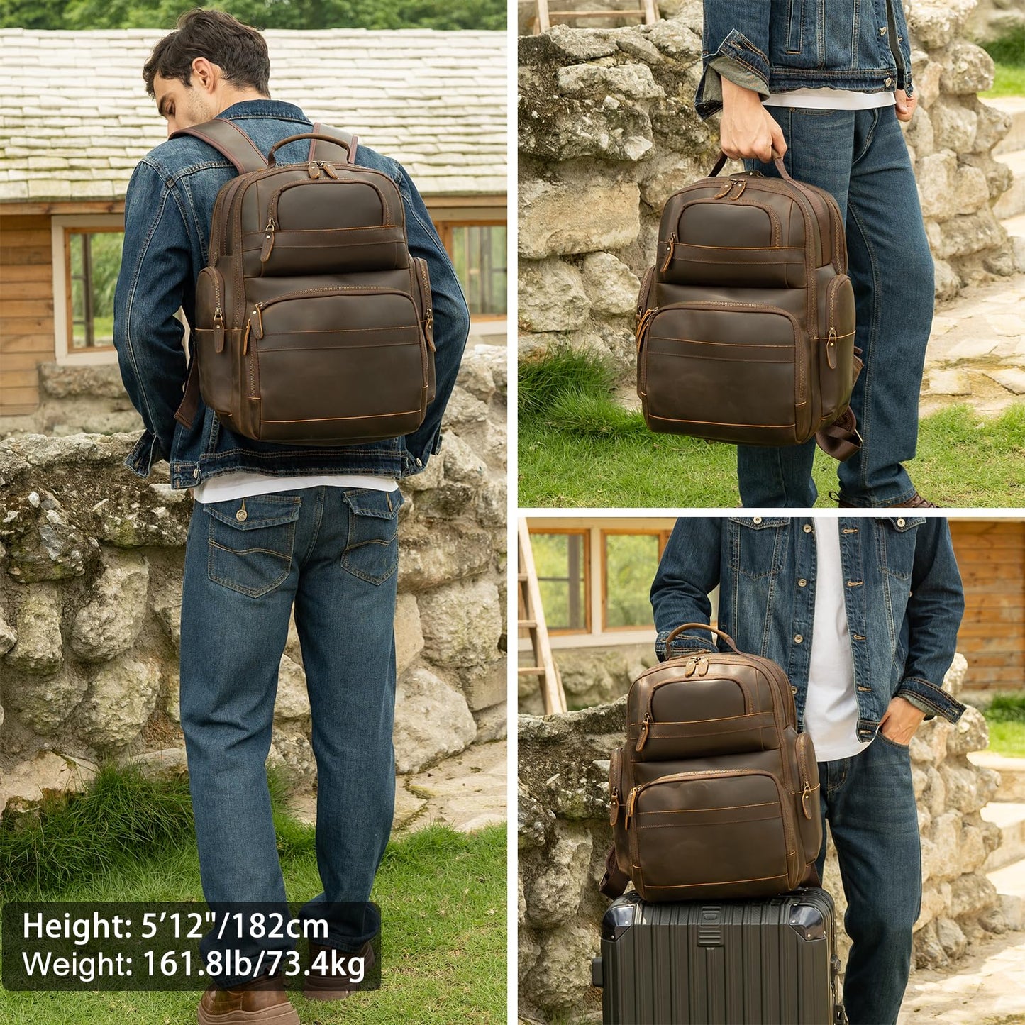 TIDING Full Grain Leather Backpack for Men 15.6 Inch Laptop Bag Large Capacity Business Travel Hiking Shoulder Daypacks