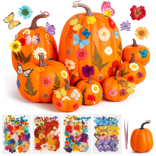 Canlierr 8 Pcs Artificial Pumpkins Fall Decor with 150 Pcs Dried Flower Butterfly Stickers & 1 Handy Tweezer DIY Craft Pumpkin for Thanksgiving Table Centerpiece Mantel Shelf (Orange)