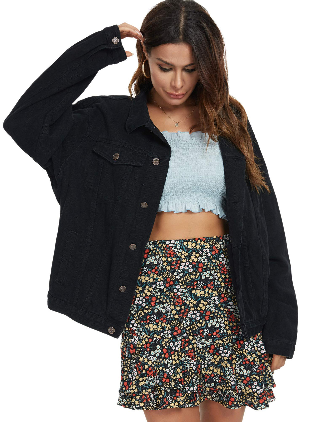 Just Quella Jean Jacket Women Black Oversized Denim Jacket (L, Black)