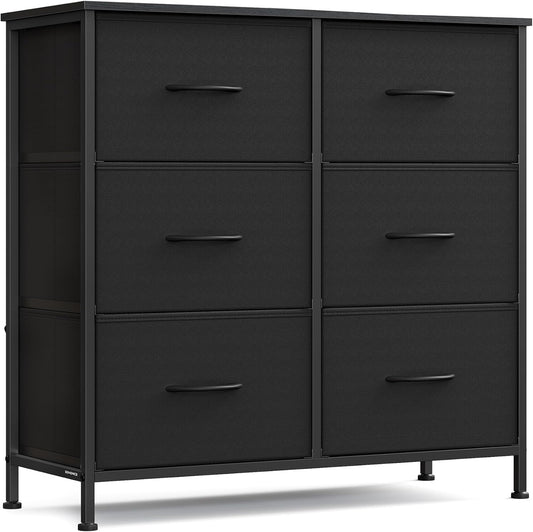 SONGMICS Dresser - Versatile Chest of Drawers & TV Stand with 6 Fabric Storage Bins | Ink Black & Ebony Black