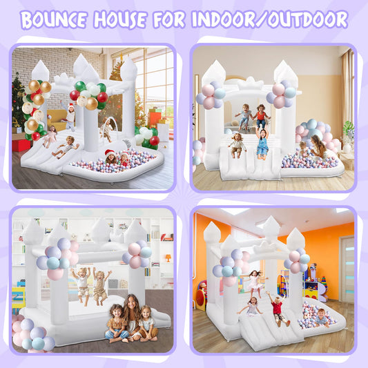 FINCOME White Bounce House, Inflatable Bounce Castle with Double Slide Ball Pit 370W Blower Bouncer for Toddler, Bounce House Bouncy Castle for Indoor Outdoor Backyard Wedding Kids Birthday Party