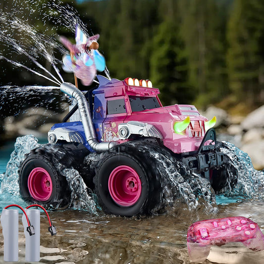 YEESWOOQI Remote Control Car for Girls, Waterproof Pink Monster Truck Toys W/Blocks & 360°Spin, 1:18 Amphibious RC Cars, 4WD All-Terrain Off-Road RC Trucks, Birthday Gifts Pool Toys for Kids Age 3-12