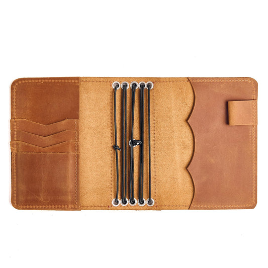 TORAKIP Leather Journal Cover A6 – Handmade Refillable Traveler’s Notebook with 5 Elastic Bands, Pen Holder & Card Pockets, Leather Notebook Case Fits A6 Inserts (Paper Not Included), Caramel Brown