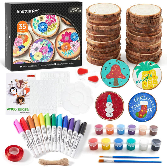 Wood Slices Kit, Shuttle Art 35 PCS Unfinished Natural Wood Slices with Pre-Drilled Hole, Acrylic Paint, Permanent Markers, Jute Twine, DIY Craft for Kids Adults Holiday Decoration Christmas Ornaments