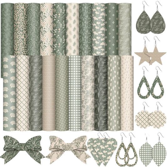 Honoson 20 Pcs Sage Green Faux Leather 8.3 x 6.3 Inch Floral Flower Synthetic Leather Sheet Spring Summer Plaid Fabric Sheets for Earrings DIY Crafts Decoration Supplies