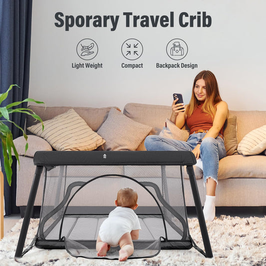Sporary Travel Crib, Portable Crib for Baby, Pack and Play for Babies and Toddler, Lightweight Backpack Design,Foldable Travel Baby Playpen with Mattress(Dark Grey)