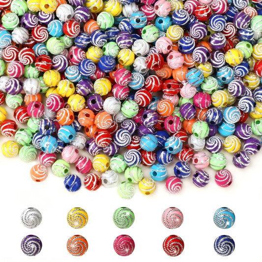 TOBETOPTOOLER 1000PCS 8mm Acrylic Beads for Bracelets,Colorful Round Sparkle Spiral Bead Bulk for DIY Jewelry Keychains Friendship Bracelet Charms Crafts Supplies (Multicolor, Threaded 1000PCS)